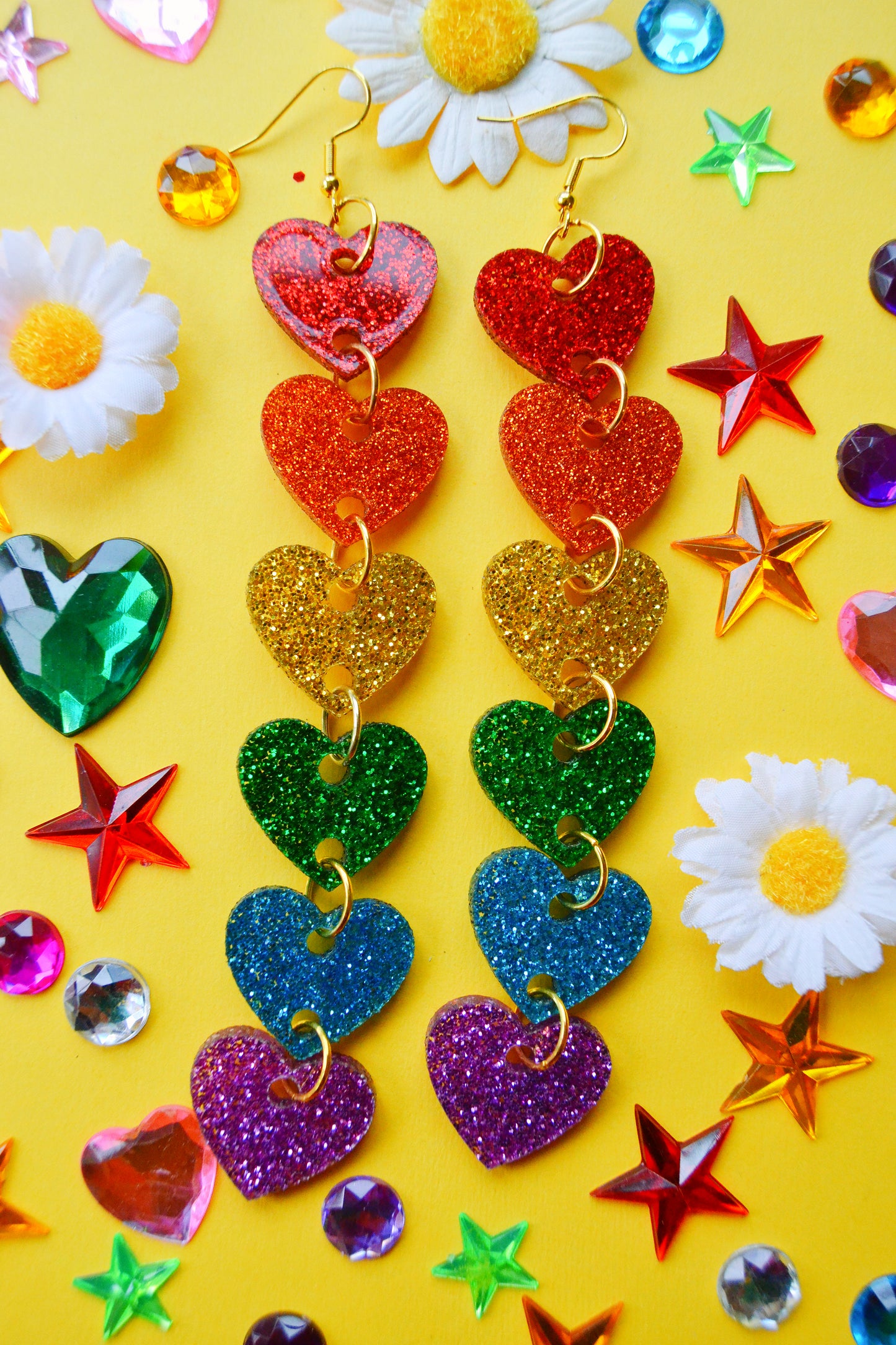 Glittery Rainbow Heart Stack Earrings