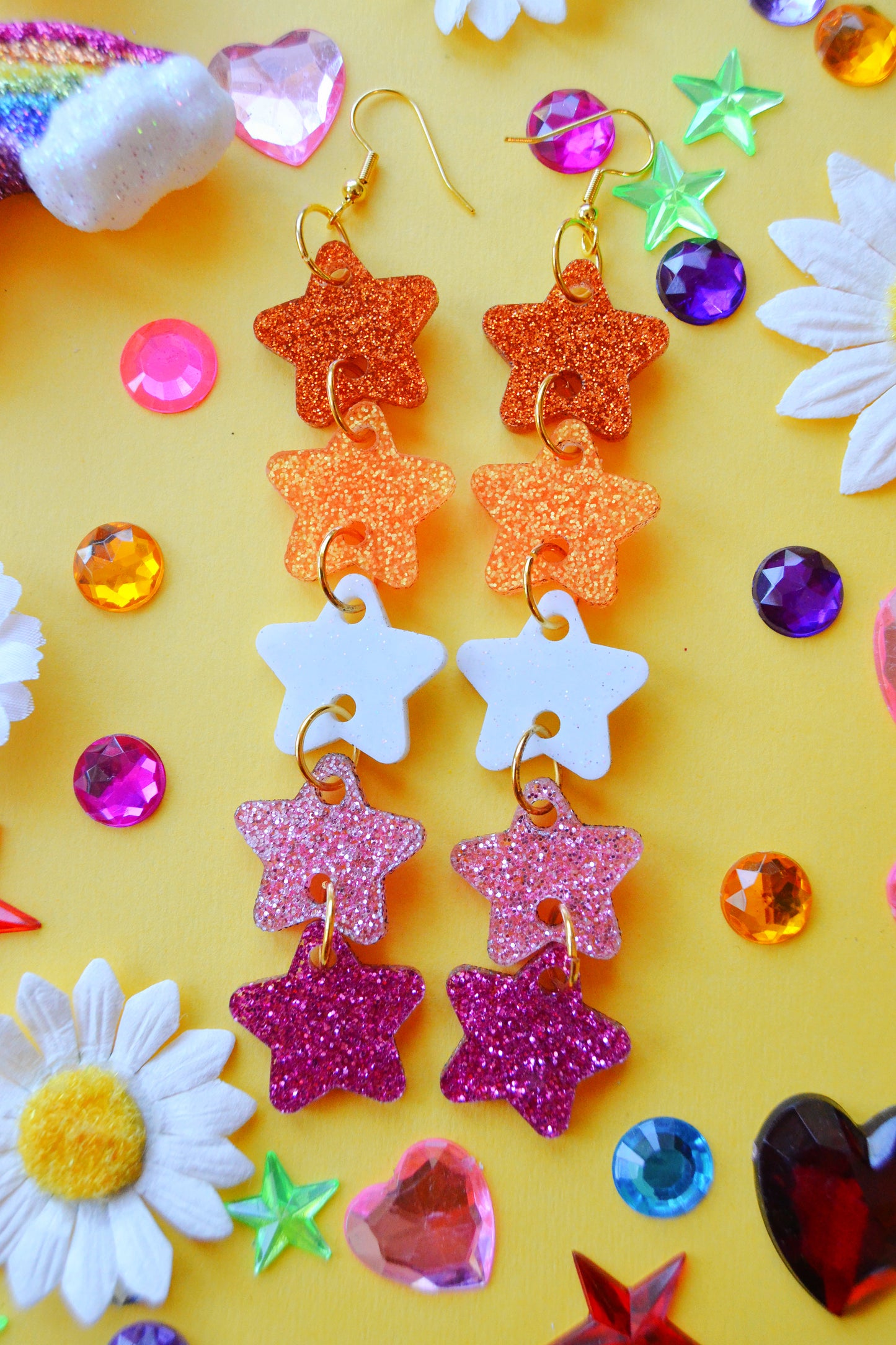 Glittery Star Chain Earrings in Lesbian Flag