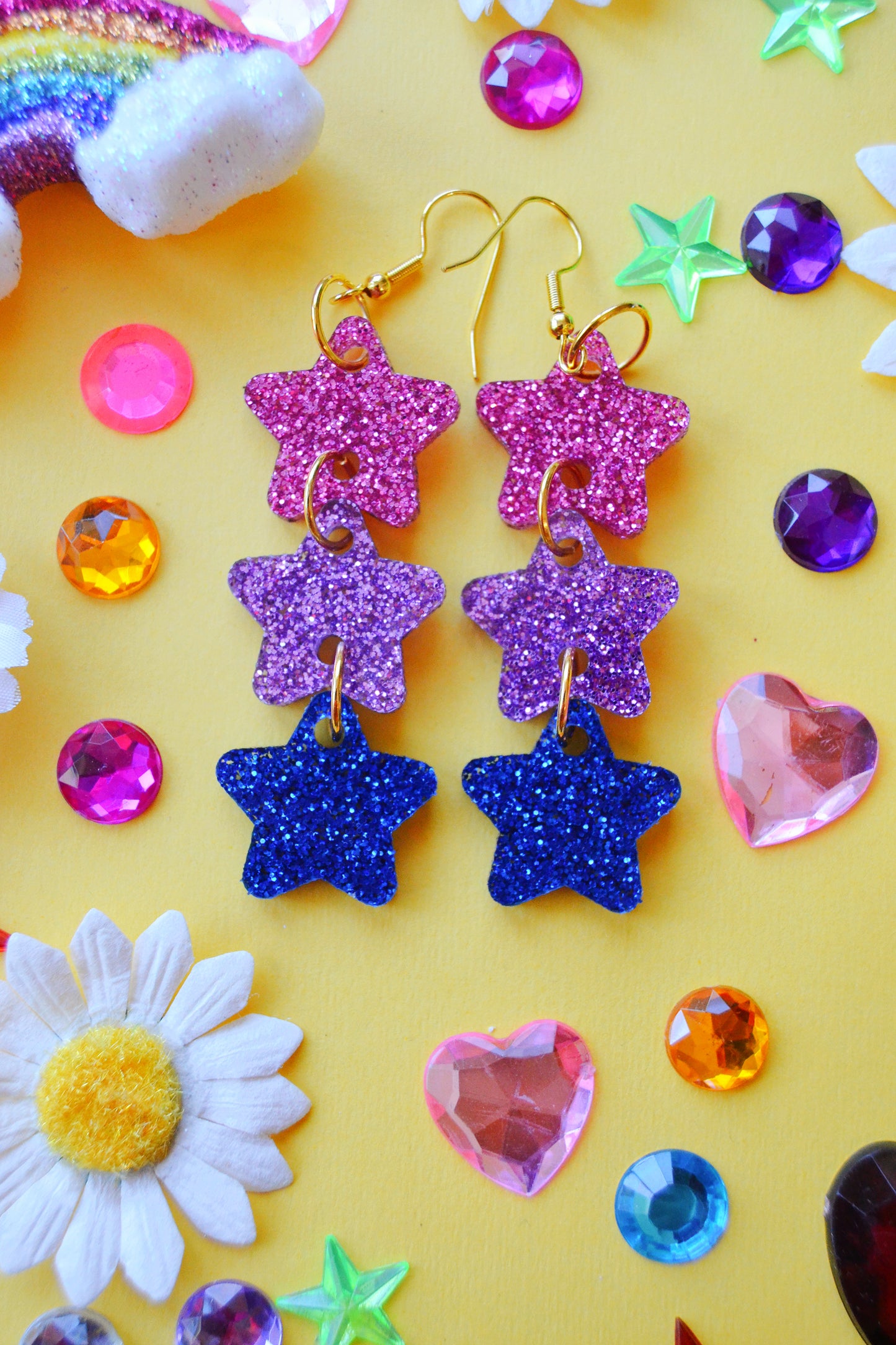 Glittery Star Chain Earrings in Bisexual Flag