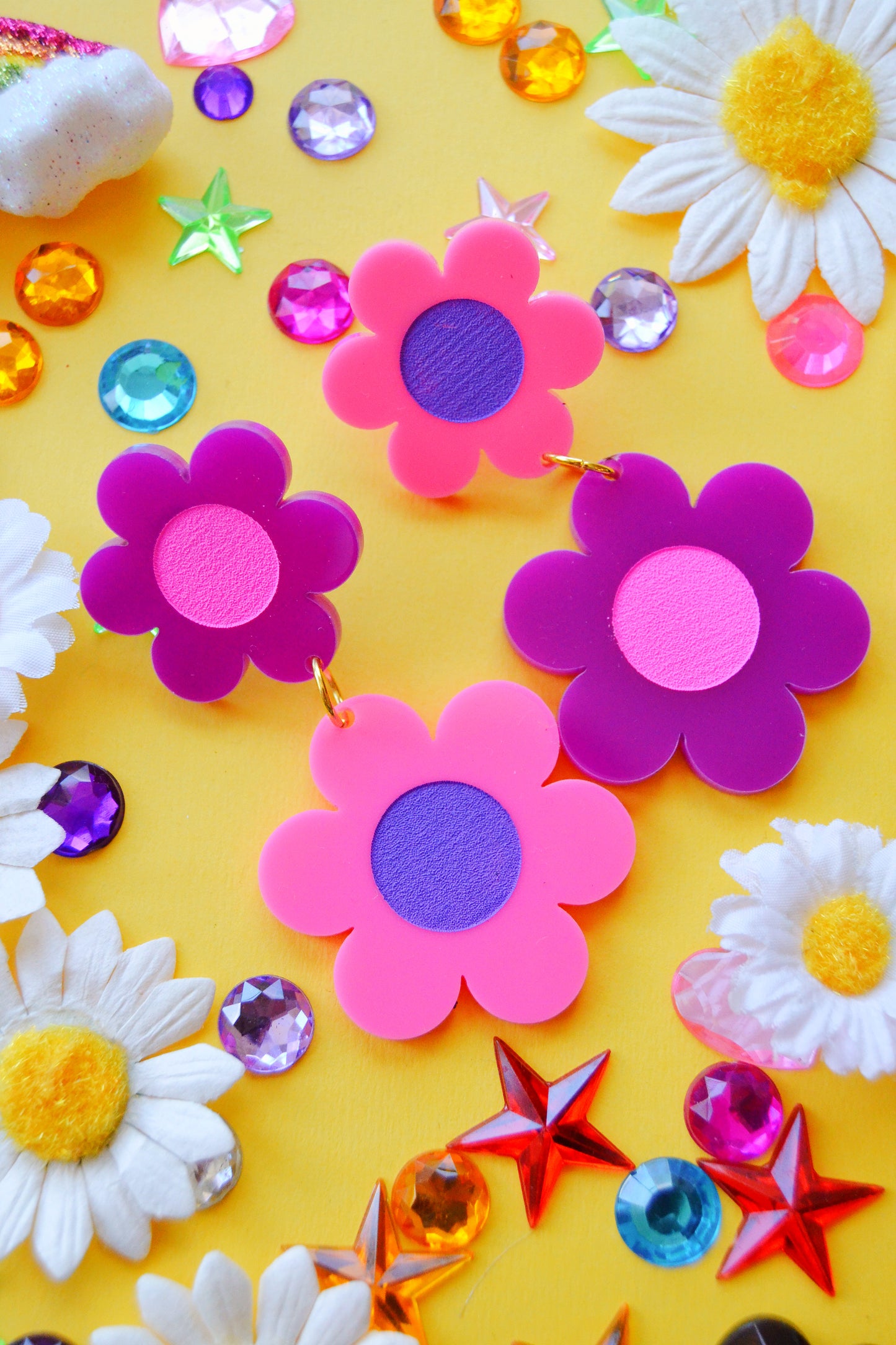 Pink & Purple Double Daisy Earrings