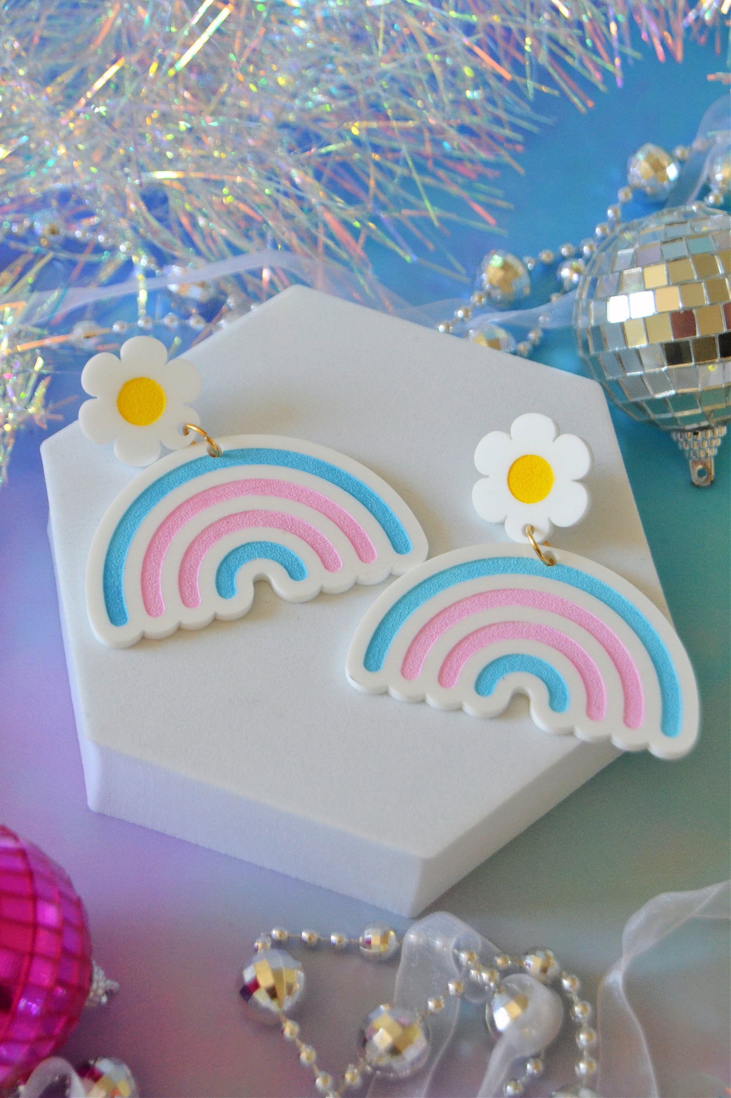 Trans Daisy Rainbow Earrings