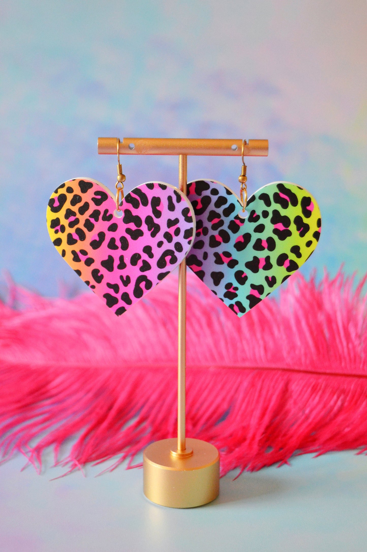 Rainbow Cheetah Heart Earrings