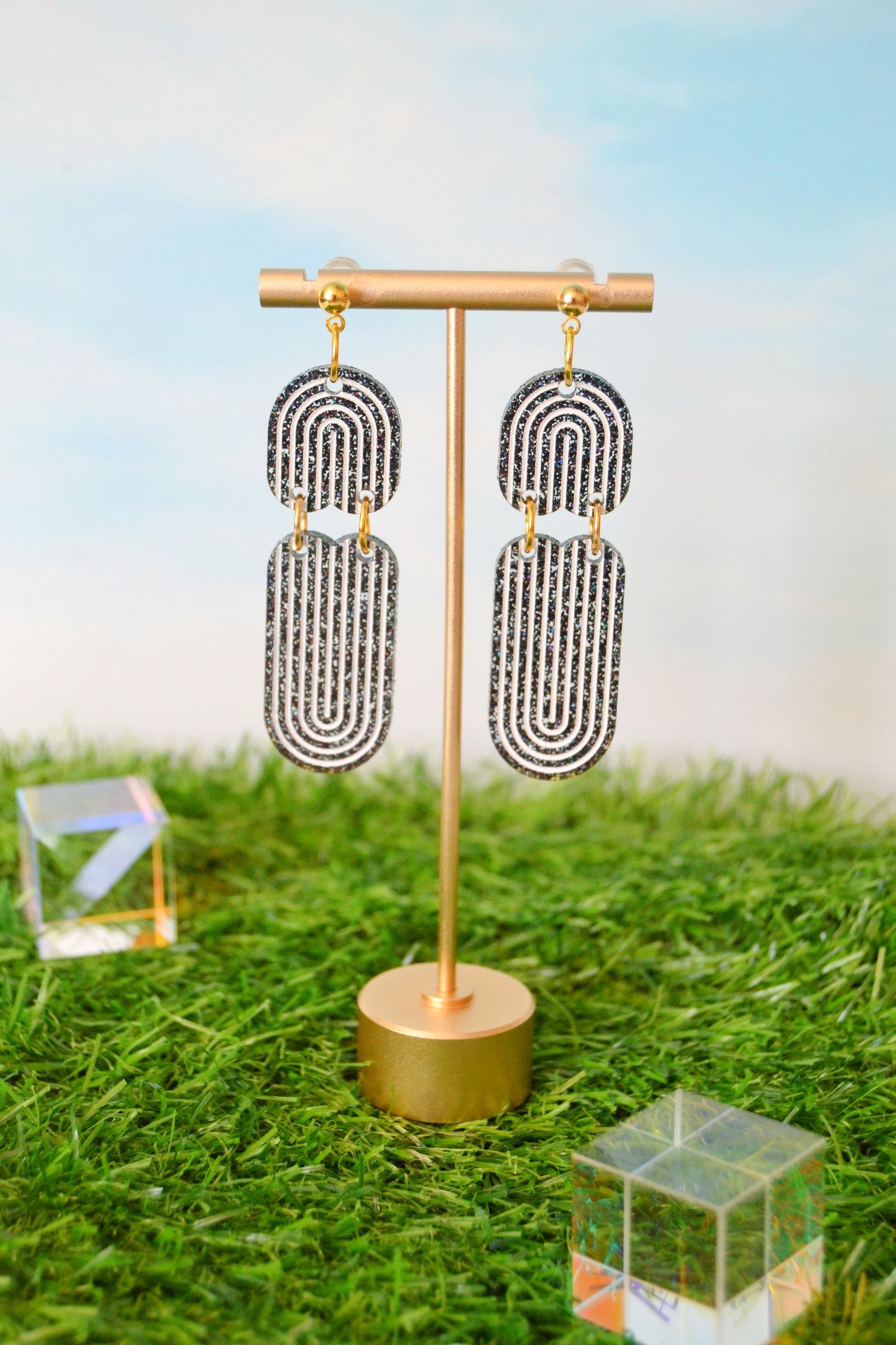 Boho Rainbow Arch Earrings in Black Glitter