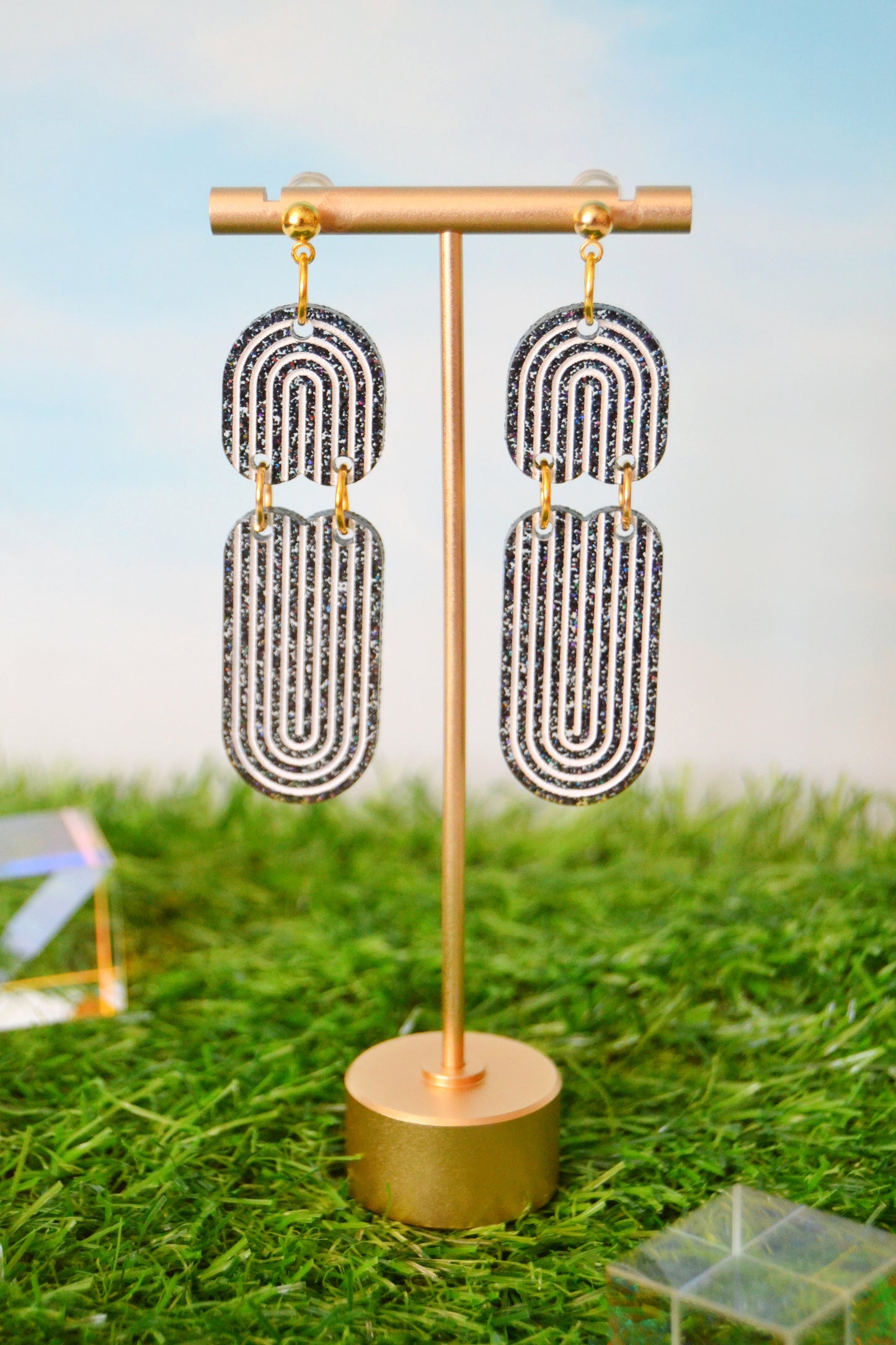 Boho Rainbow Arch Earrings in Black Glitter