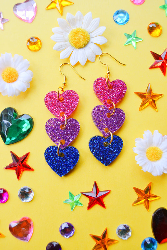 Glittery Bisexual Heart Stack Earrings