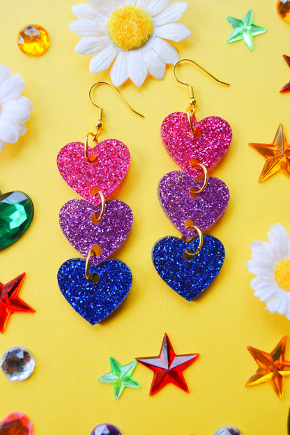 Glittery Bisexual Heart Stack Earrings