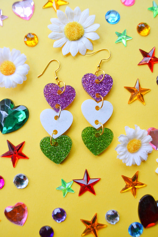 Glittery Genderqueer Heart Stack Earrings