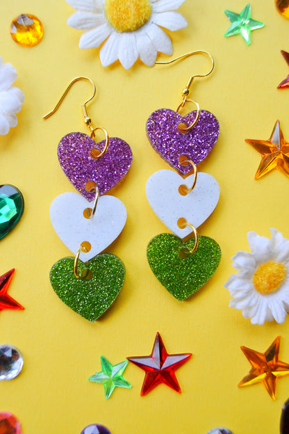 Glittery Genderqueer Heart Stack Earrings