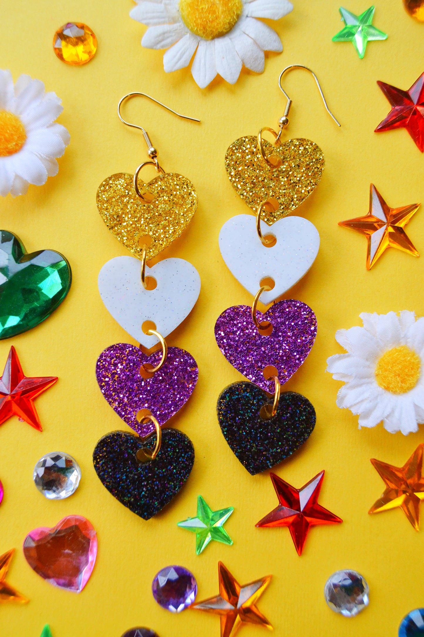 Glittery Non-Binary Heart Stack Earrings