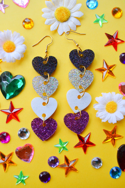 Glittery Asexual Heart Stack Earrings