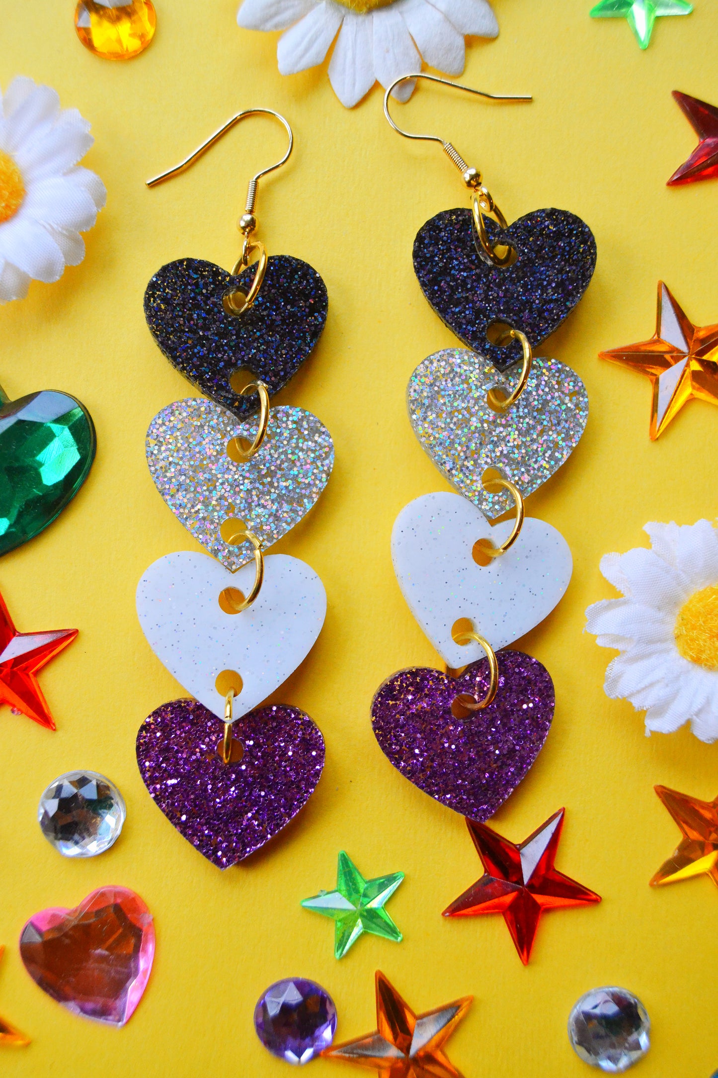 Glittery Asexual Heart Stack Earrings
