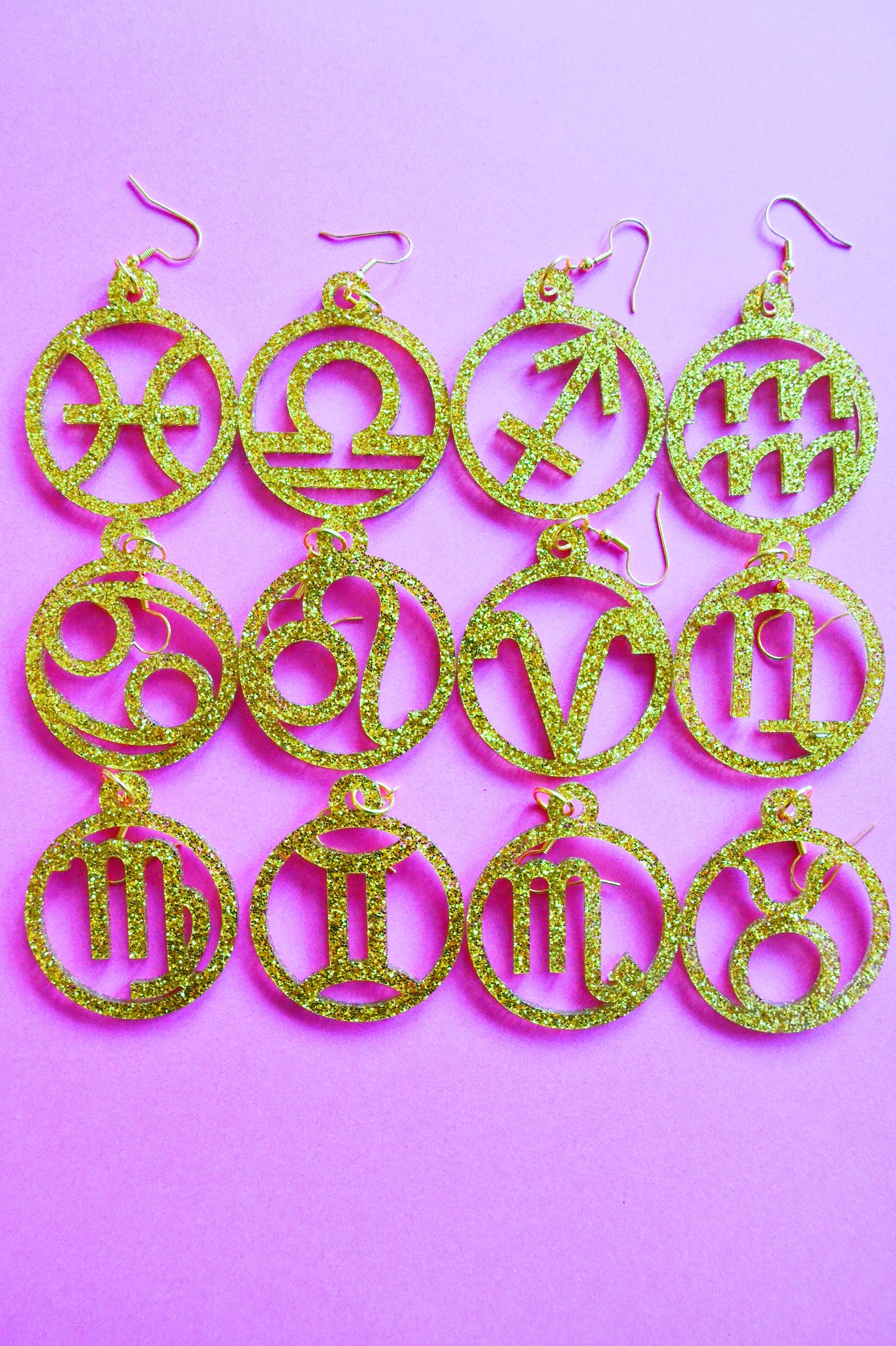 Glittery Gold Zodiac Hoops