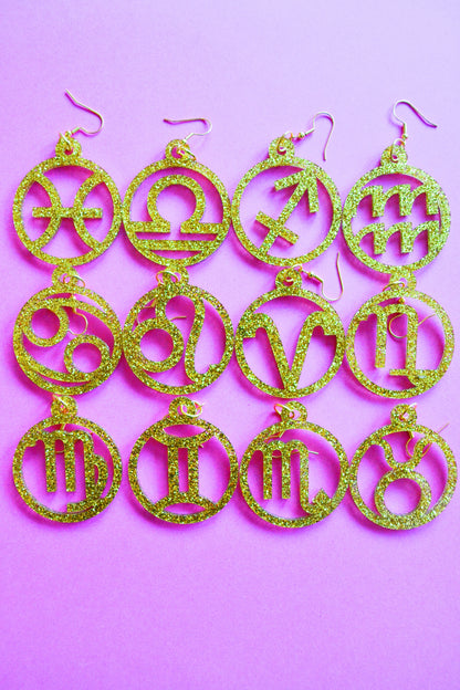 Glittery Gold Zodiac Hoops