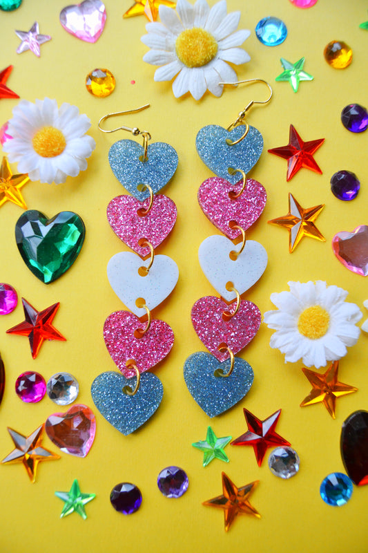 Glittery Transgender Heart Stack Earrings