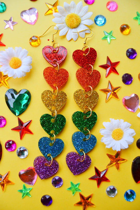 Glittery Rainbow Heart Stack Earrings