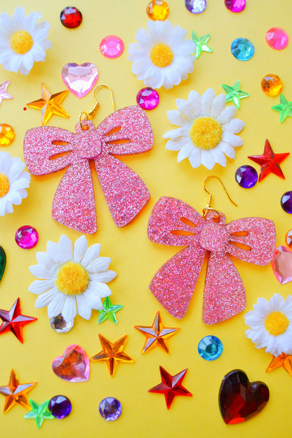 Pink Glittery Bow Earrings