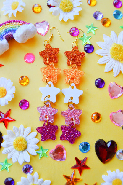 Glittery Star Chain Earrings in Lesbian Flag