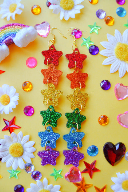 Glittery Star Chain Earrings in Rainbow Flag