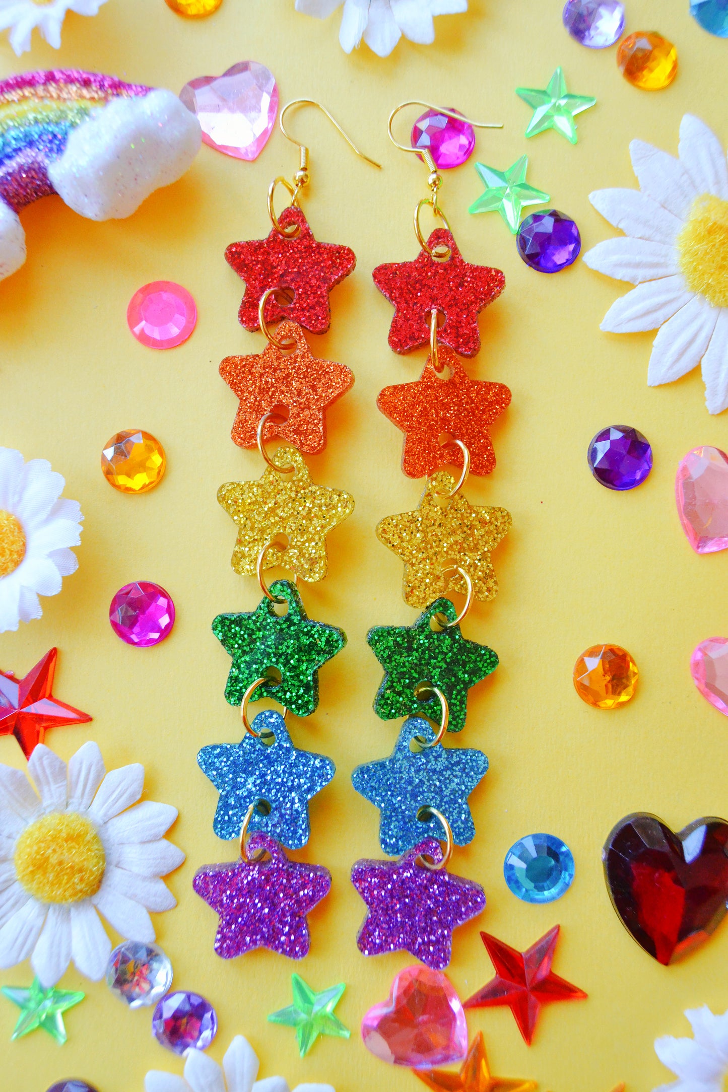 Glittery Star Chain Earrings in Rainbow Flag