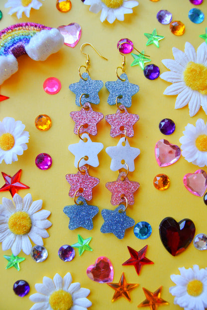 Glittery Star Chain Earrings in Trans Flag