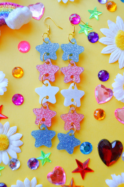 Glittery Star Chain Earrings in Trans Flag