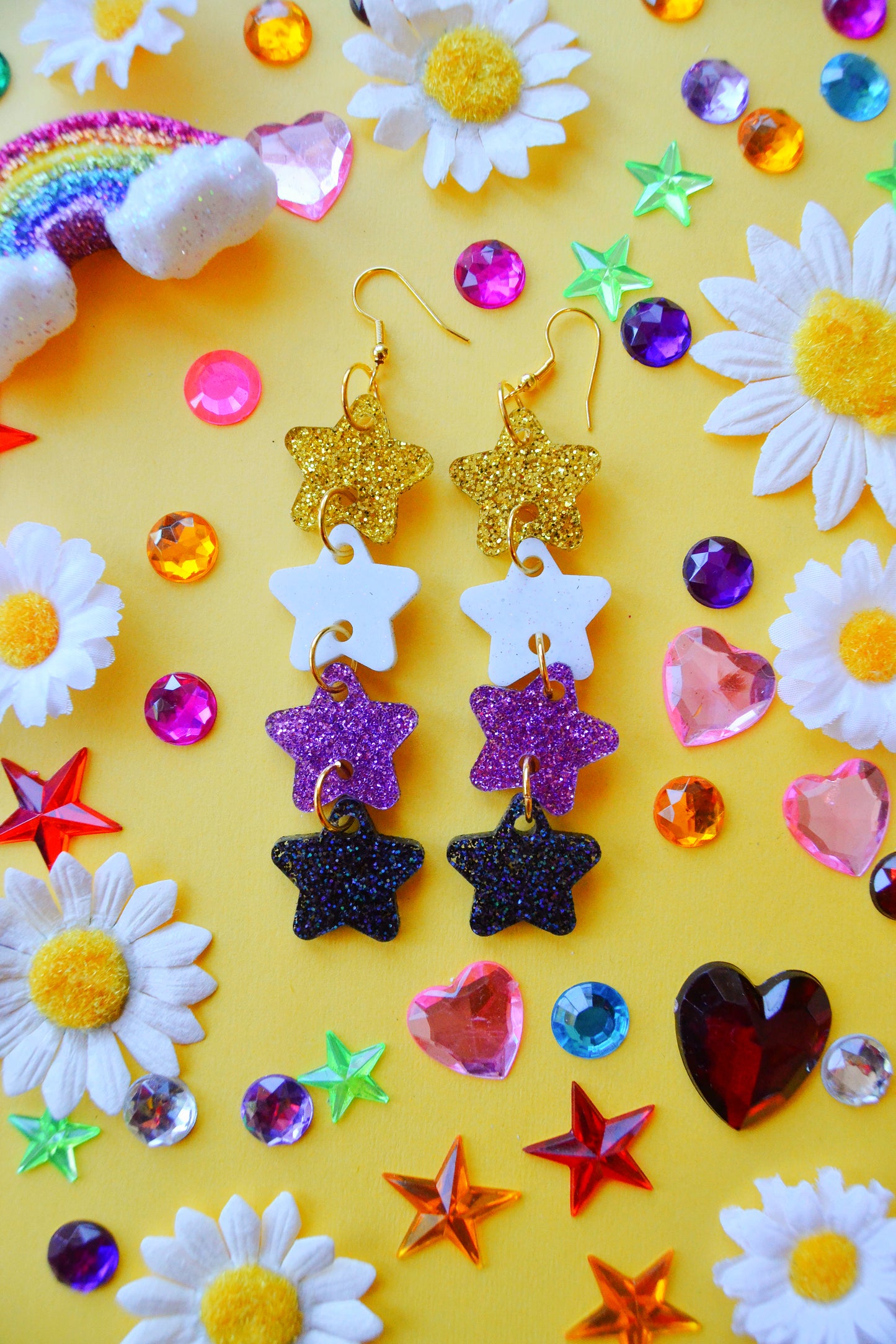 Glittery Star Chain Earrings in Nonbinary Flag