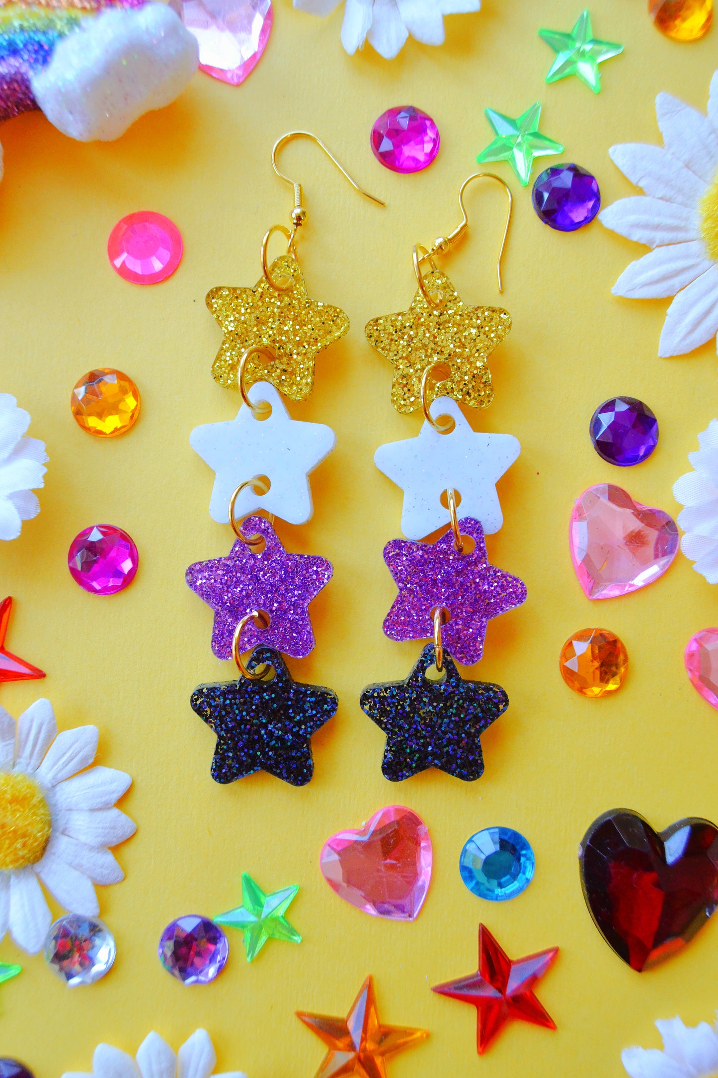 Glittery Star Chain Earrings in Nonbinary Flag