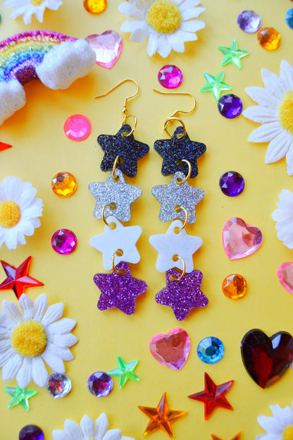 Glittery Star Chain Earrings in Asexual Flag