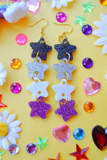 Glittery Star Chain Earrings in Asexual Flag
