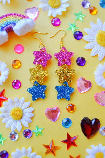 Glittery Star Chain Earrings in Pansexual Flag