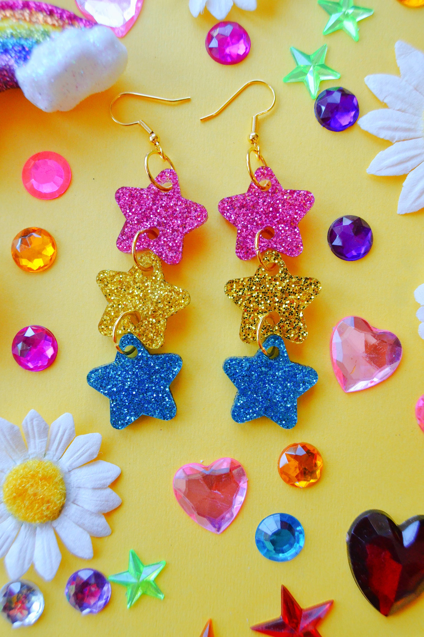Glittery Star Chain Earrings in Pansexual Flag