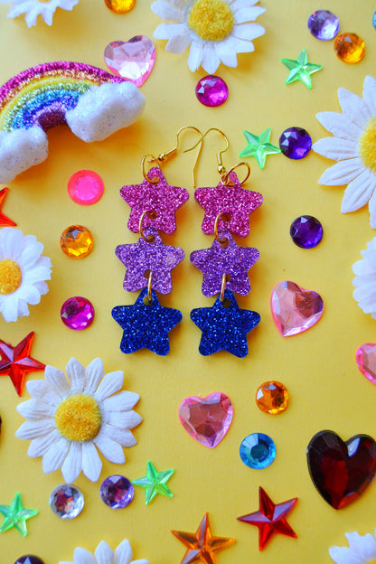 Glittery Star Chain Earrings in Bisexual Flag