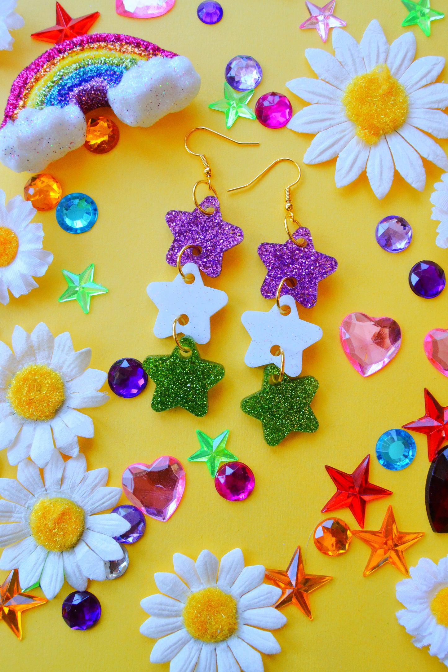 Glittery Star Chain Earrings in Genderqueer Flag