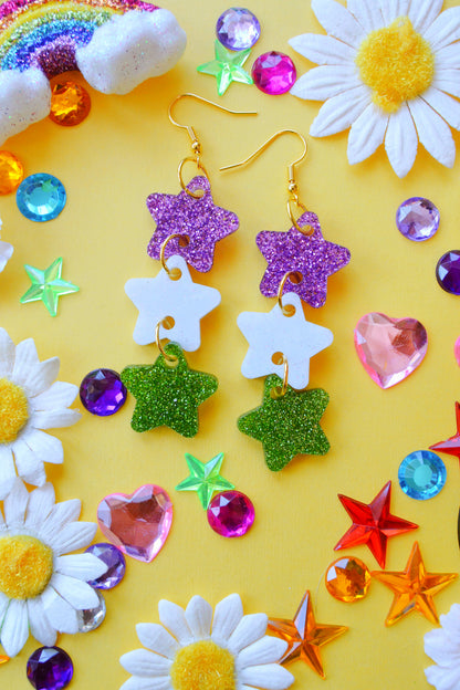 Glittery Star Chain Earrings in Genderqueer Flag