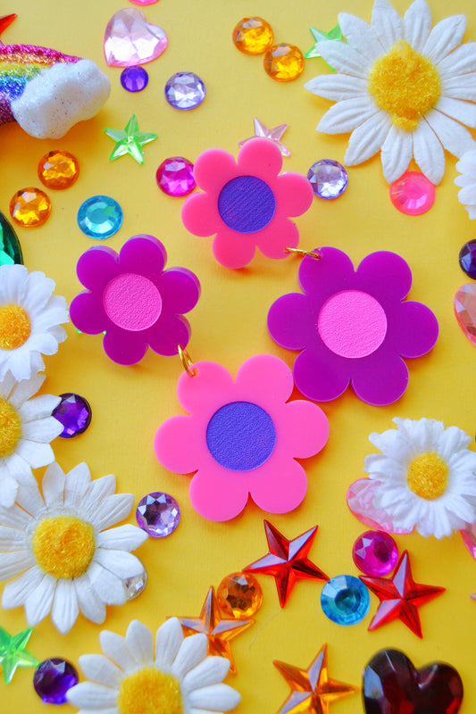 Pink & Purple Double Daisy Earrings