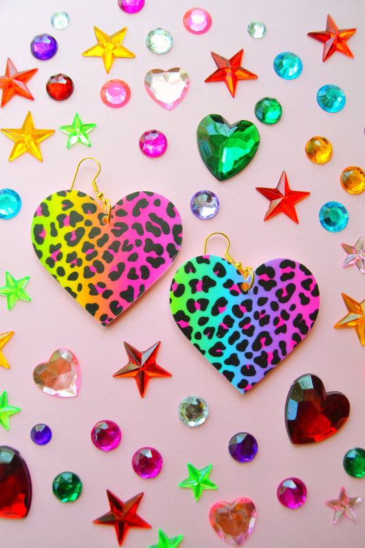 Rainbow Cheetah Heart Earrings