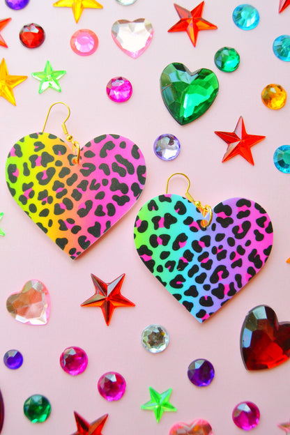 Rainbow Cheetah Heart Earrings