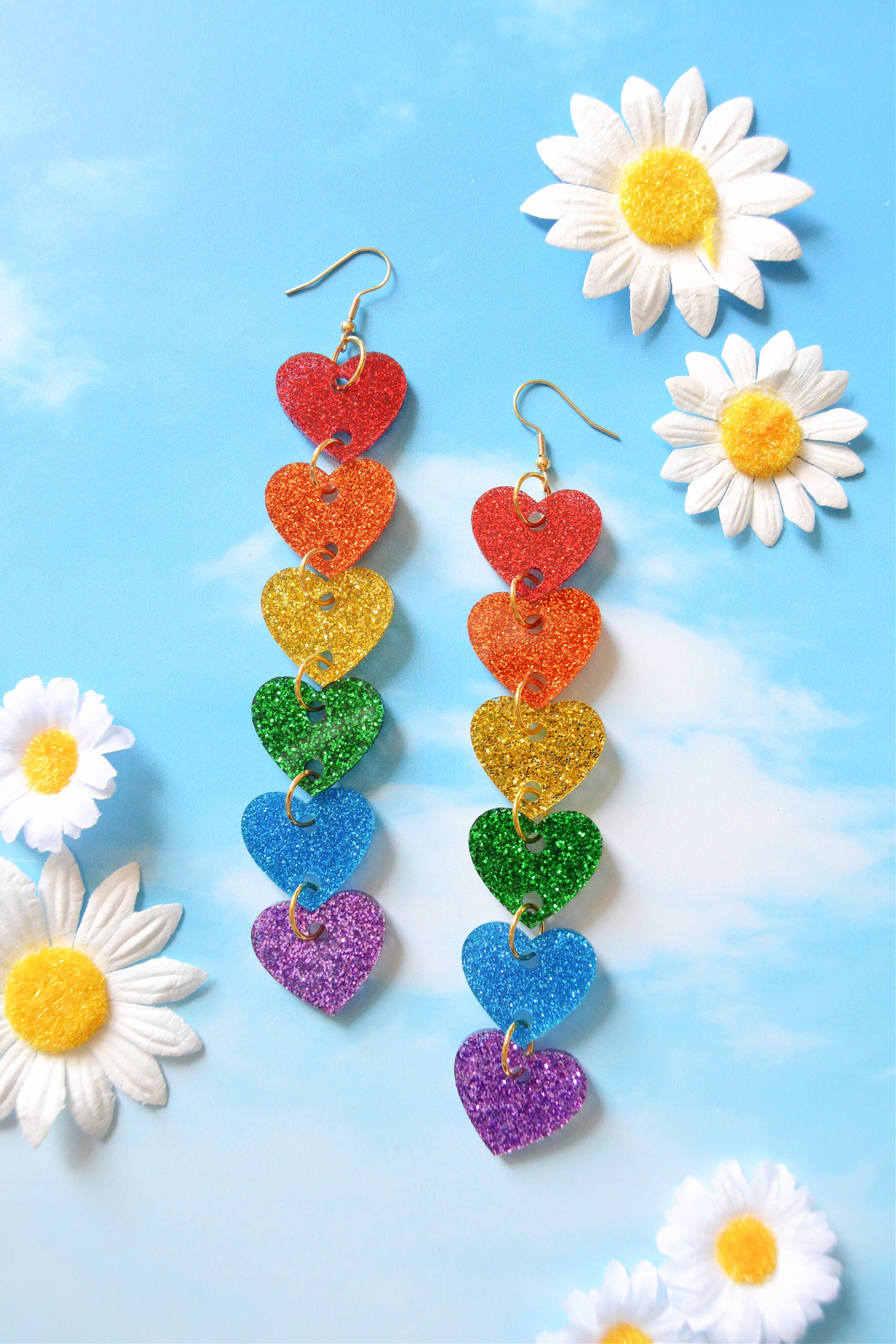 Glittery Rainbow Heart Stack Earrings