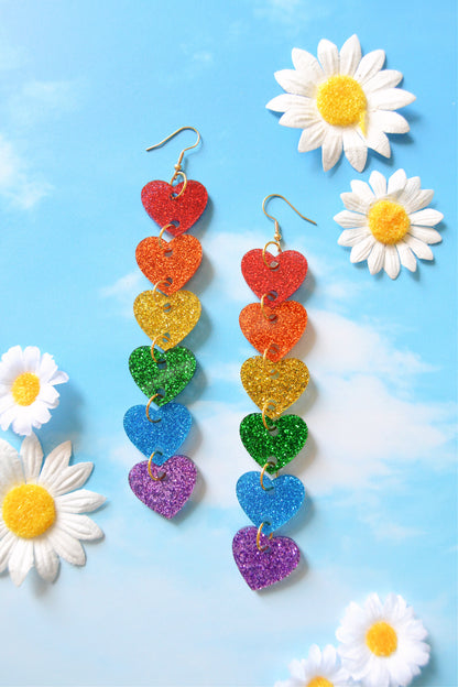 Glittery Rainbow Heart Stack Earrings
