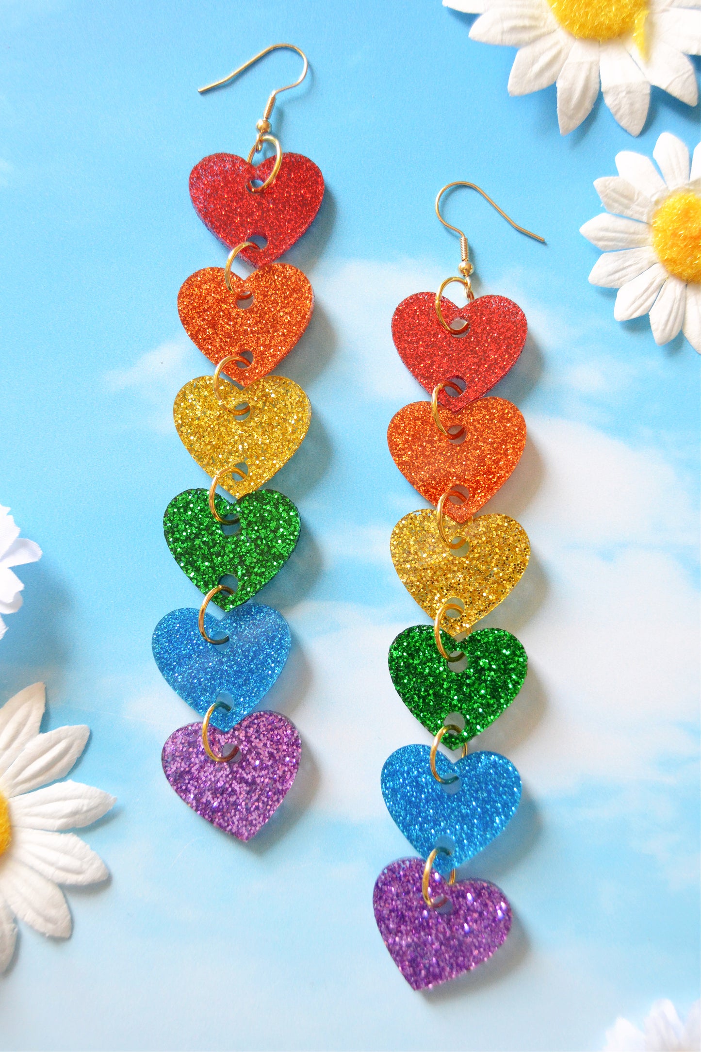Glittery Rainbow Heart Stack Earrings