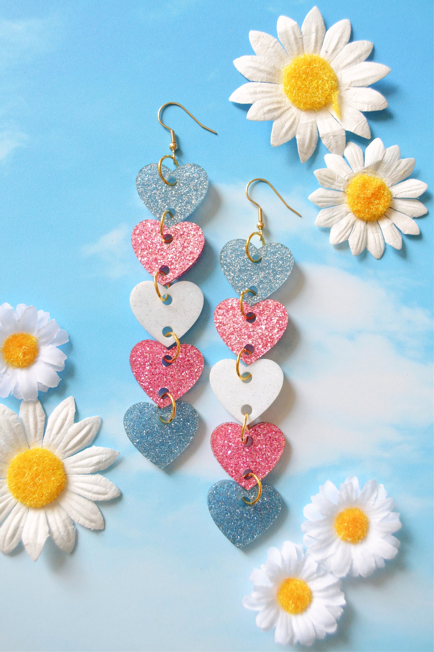 Glittery Transgender Heart Stack Earrings