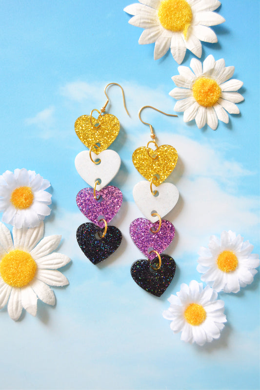 Glittery Non-Binary Heart Stack Earrings