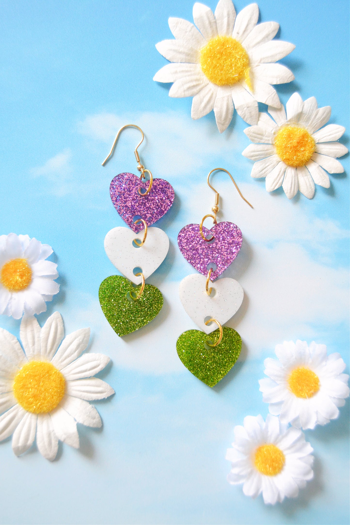 Glittery Genderqueer Heart Stack Earrings