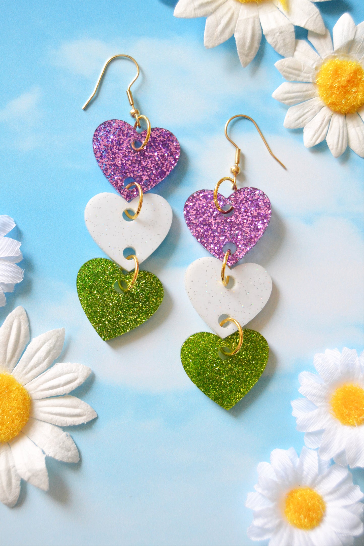 Glittery Genderqueer Heart Stack Earrings