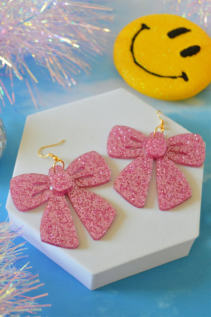 Pink Glittery Bow Earrings