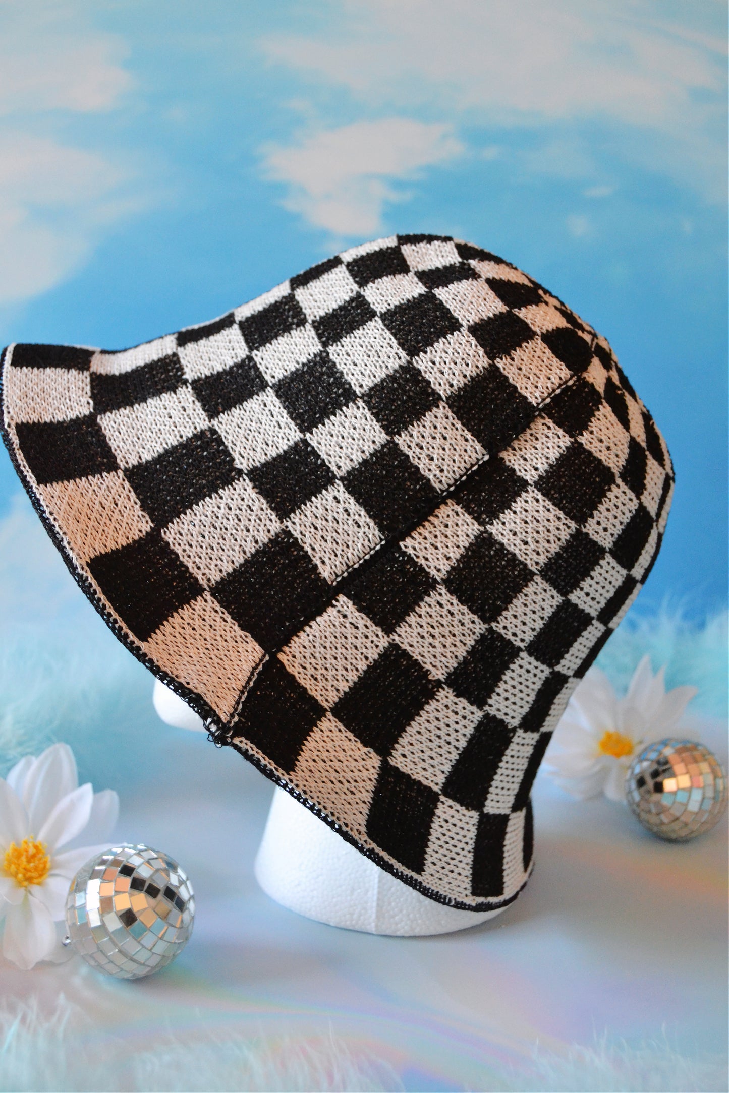 Checkerboard Knit Bucket Hat