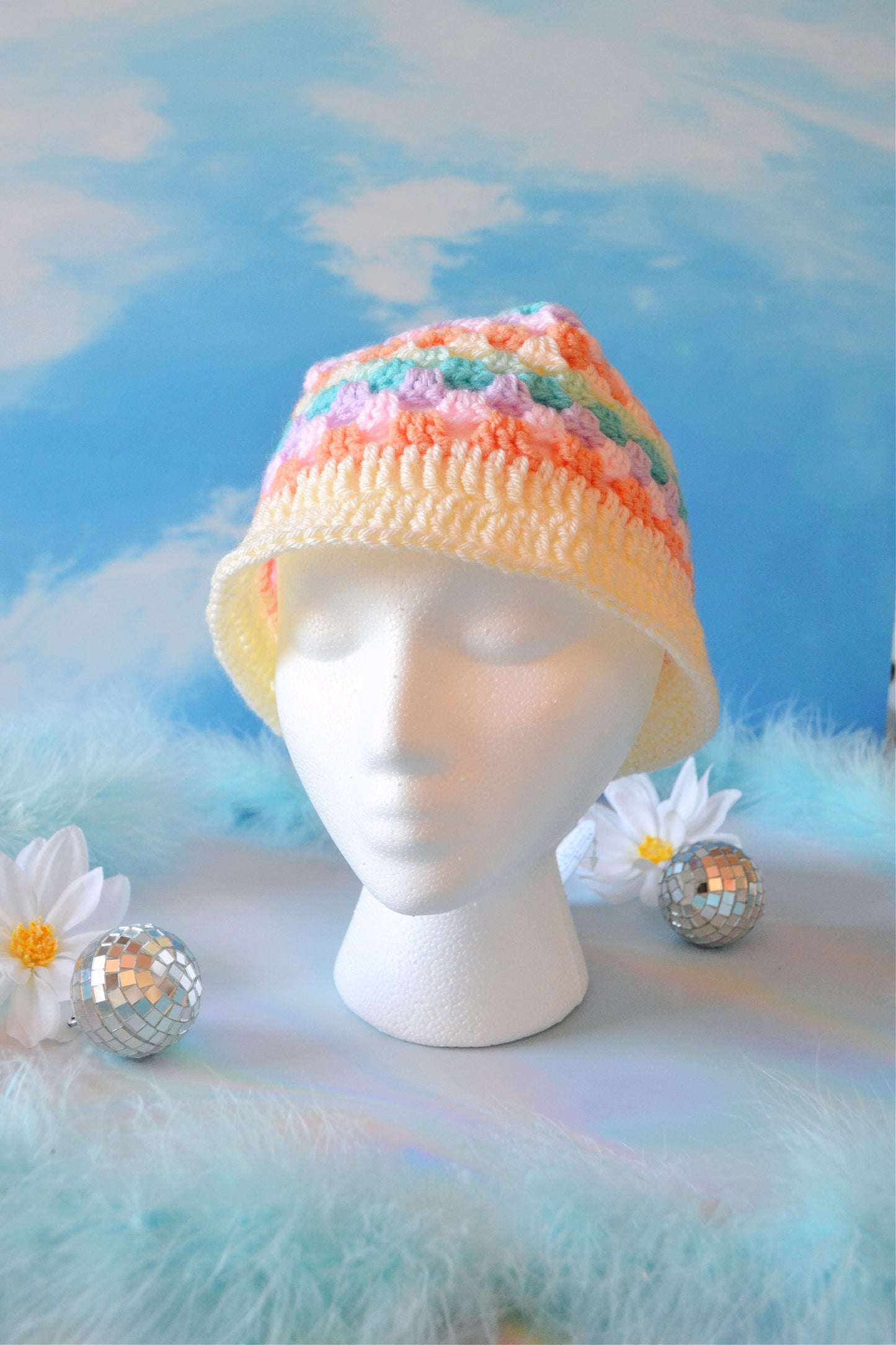 Rainbow Crochet Bucket Hat (Pastel Rainbow)