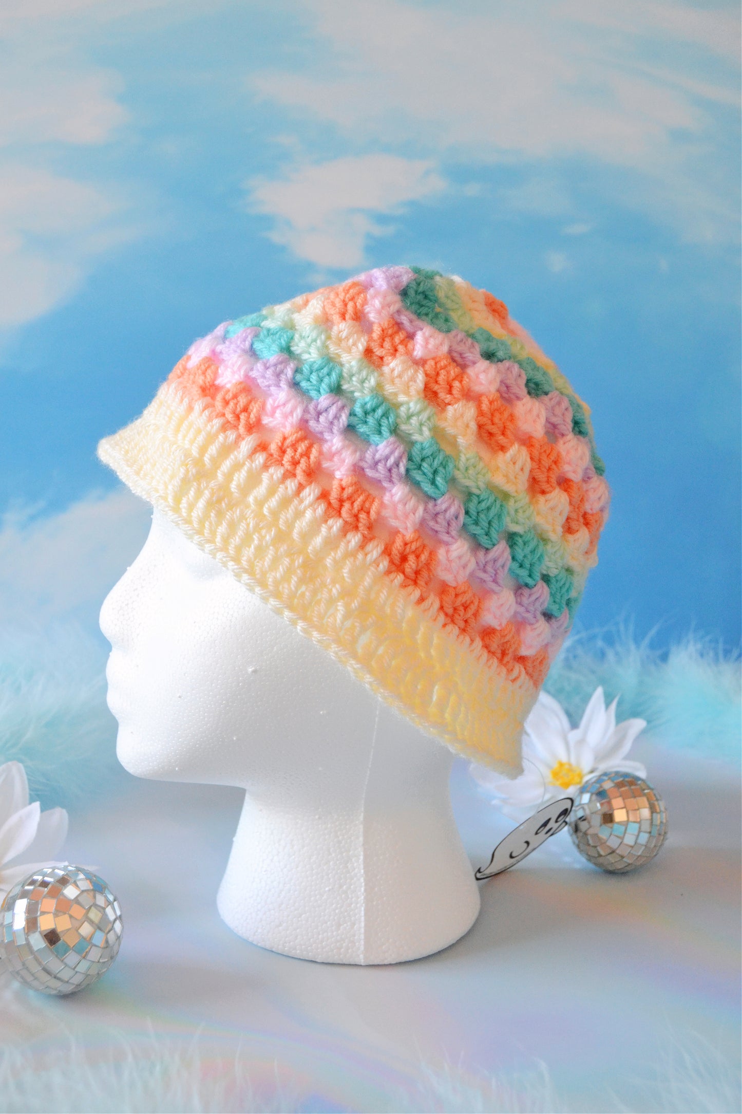 Rainbow Crochet Bucket Hat (Pastel Rainbow)