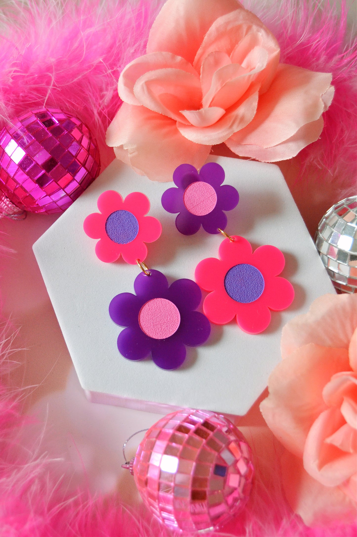 Pink & Purple Double Daisy Earrings