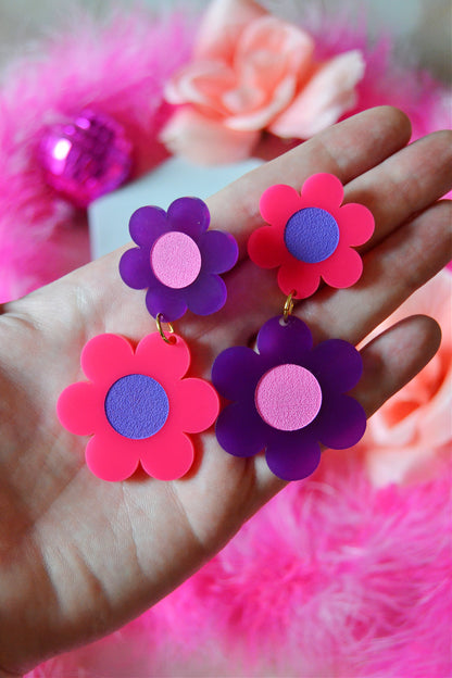 Pink & Purple Double Daisy Earrings